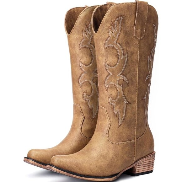 Shoes - Women 's Camel Embroidered Cowgirl Fashion  Chunky Heel Western Boots Mid Calf